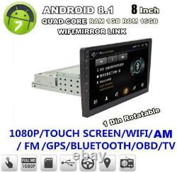 1Din Android 8.1 Car Stereo Radio 8in Mp5 Player Touch Screen GPS Wifi &Camera