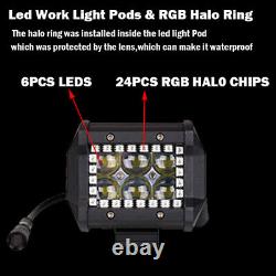 2x 4 Inch 4D LED Work Light Spot Fog Pods RGB Halo Ring Chasing +Control Wiring