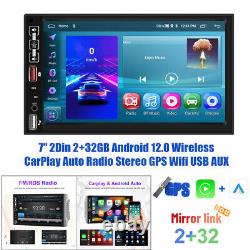 7 2Din 2+32GB Android 12.0 Wireless CarPlay Auto Radio Stereo GPS Wifi USB AUX